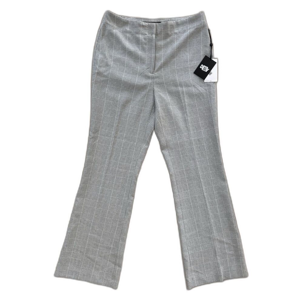 DKNY Womens Trousers NWT Plaid Glen Check Wide Leg Flare Pants Gray Black US 6